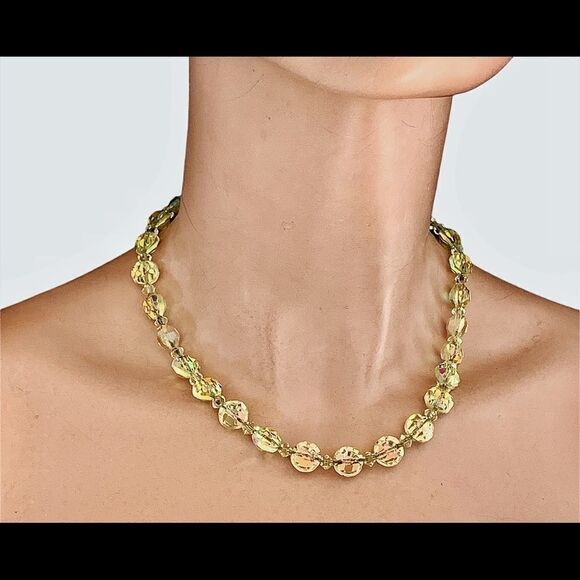 Vintage Hobe jonquil yellow faceted raviolli faceted ab crystal necklace - Picture 5 of 15